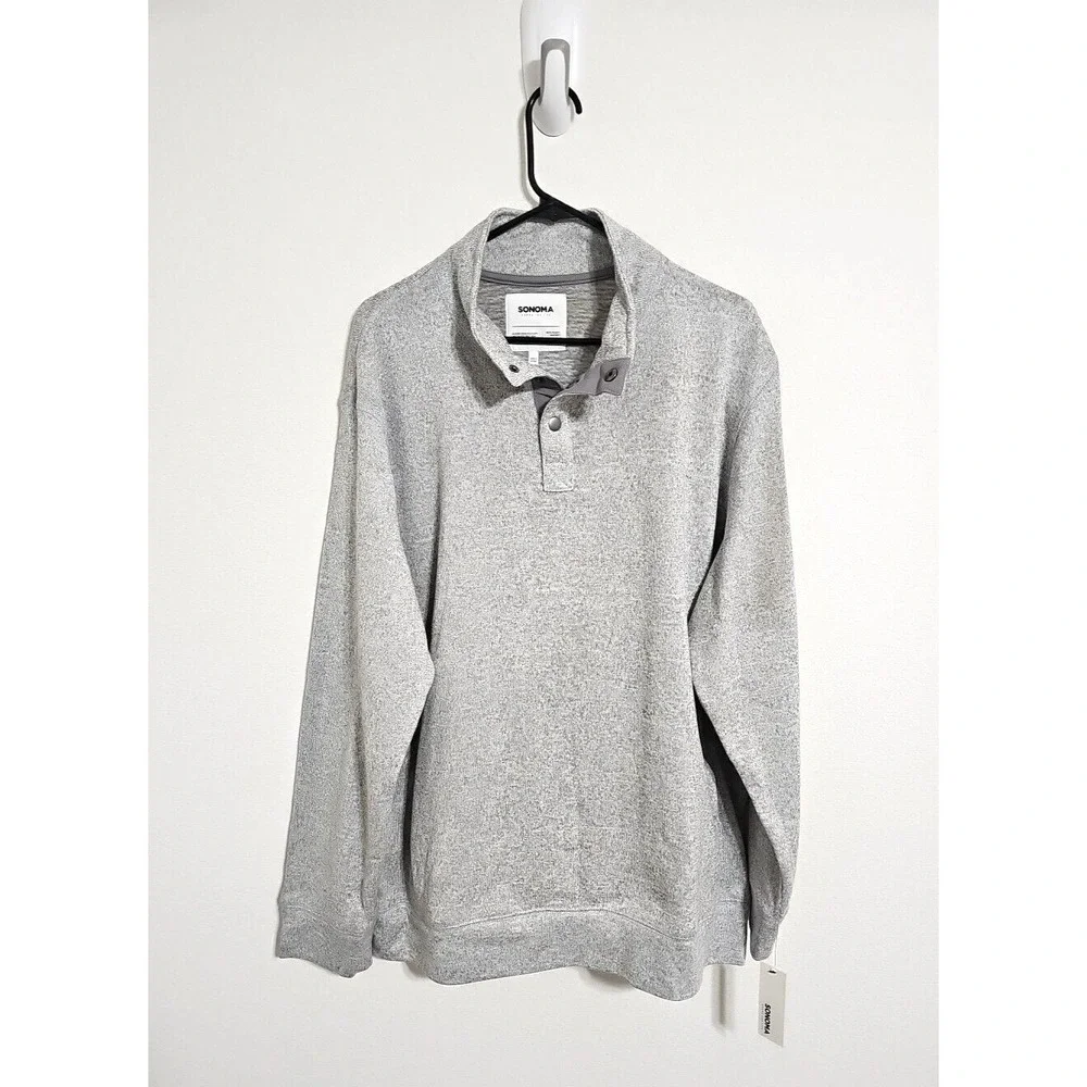 Sonoma Quarter Button Long Sleeve Men's Pullover Sweater w/ Pockets Gray